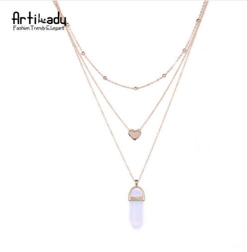 Artilady 3 layer opal pink stone necklace heart with multi stone