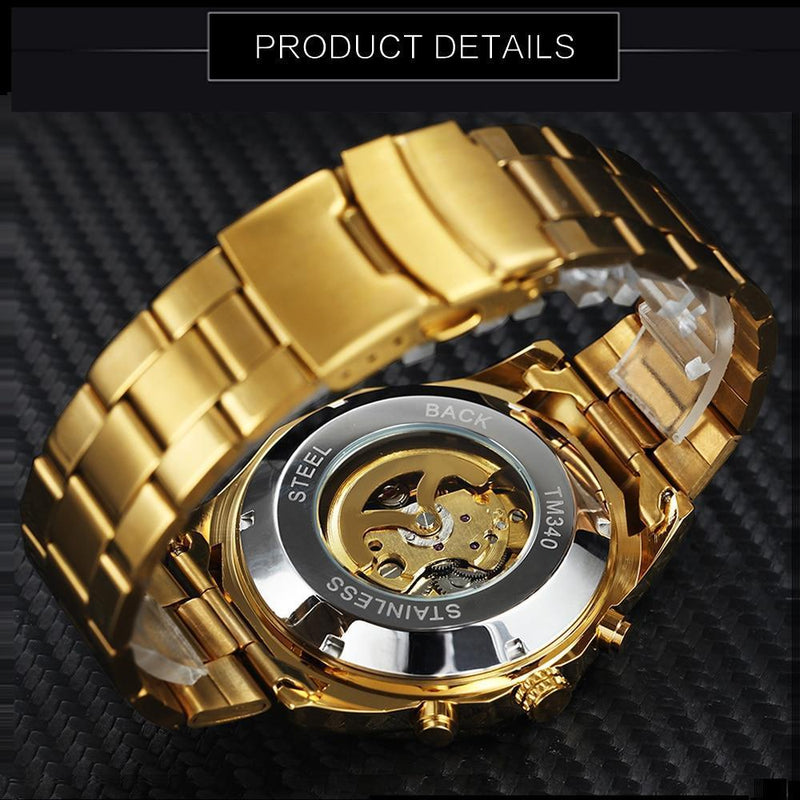 Golden Skeleton Mechanical Watch Men Stainless Steel Wrist Strap